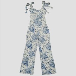 Reformation Alfred Jumpsuit Pompadour Blue White Bird Flower Print 4 Petite NEW